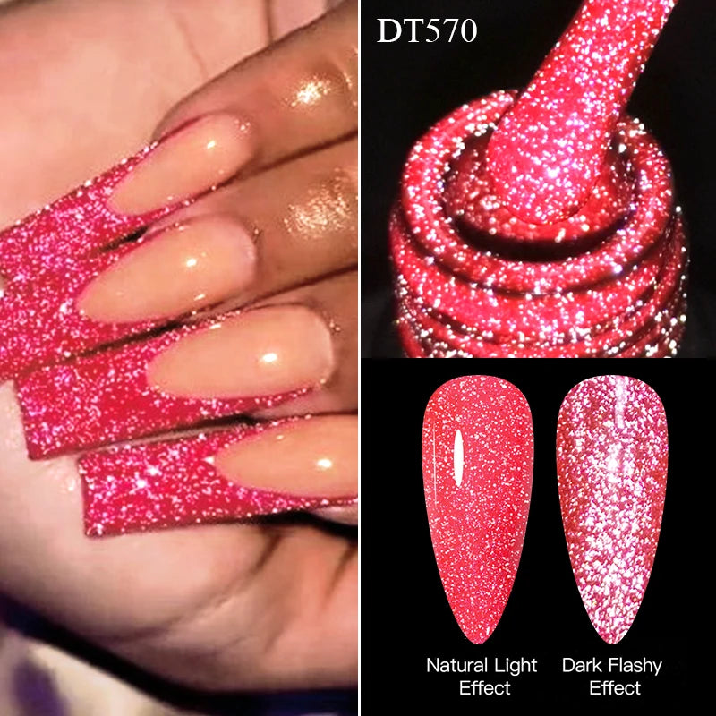 Pink glittery nail polish with natural light and dark flashy effect on a black background