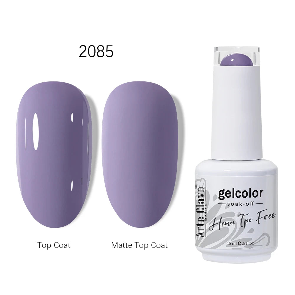 Gel nail polish bottle with top coat and matte top coat swatches on a white background
