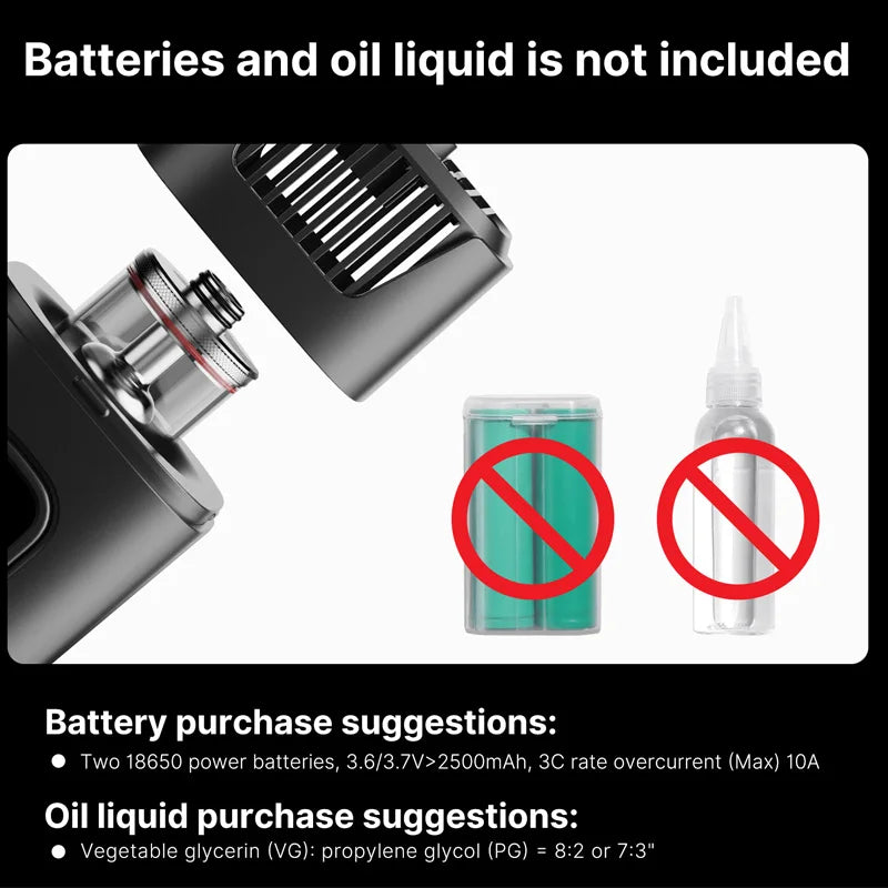 Vape device with nozzles and a warning about batteries and oil liquid not included, on a white background.