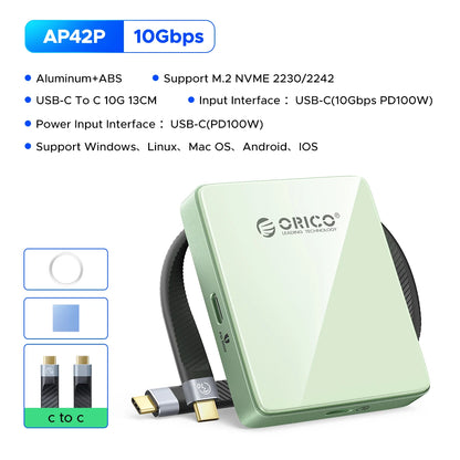 Orico external hard drive with specifications on a white background