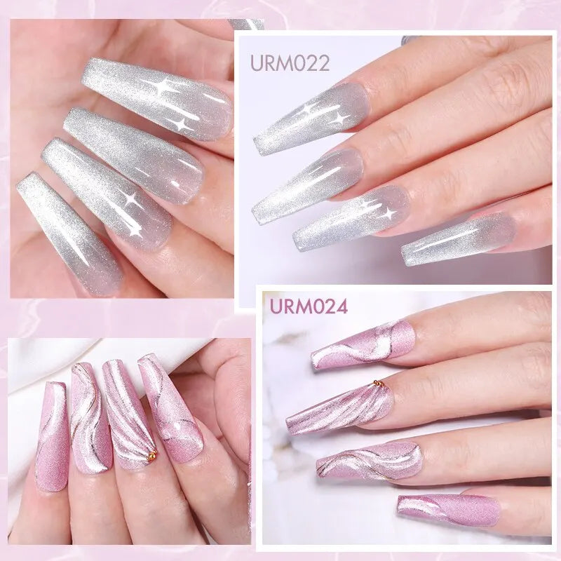 Collage of nail extensions with glittery and pink designs on a light pink background.
