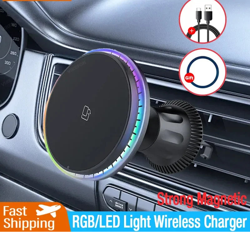 Car air vent mount with RGB LED light and wireless charging capabilities, featuring Vikefon branding.