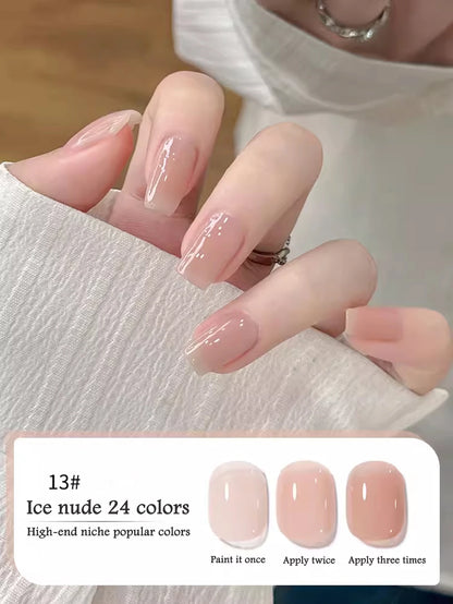 Nail polish color swatch with 'Ice nude' shade and text indicating color number and application options.