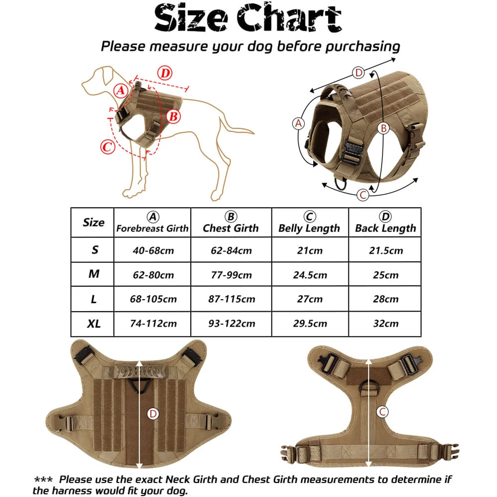 Size chart for a dog harness with measurements and illustrations of the product.