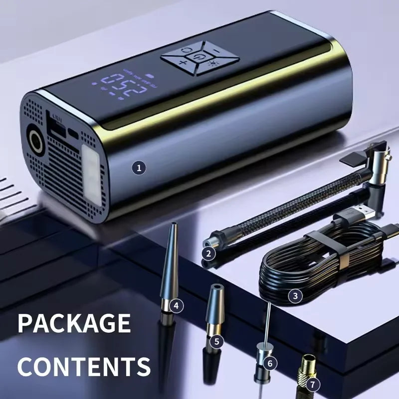 Electronic device with accessories on a reflective surface, labeled 'Package Contents'.