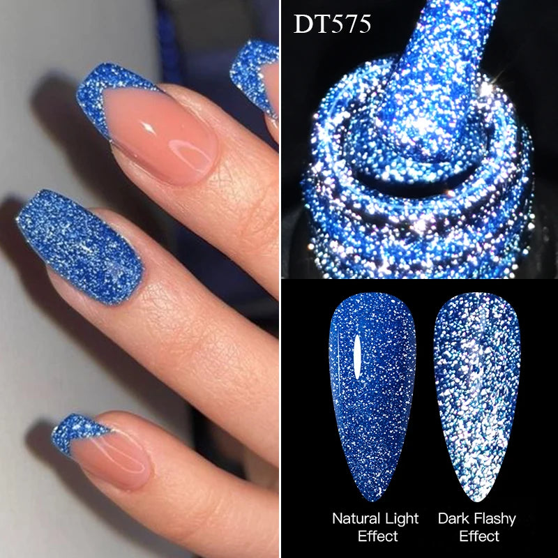 Blue glittery nail polish on a hand with close-up of polish swatch and color names.