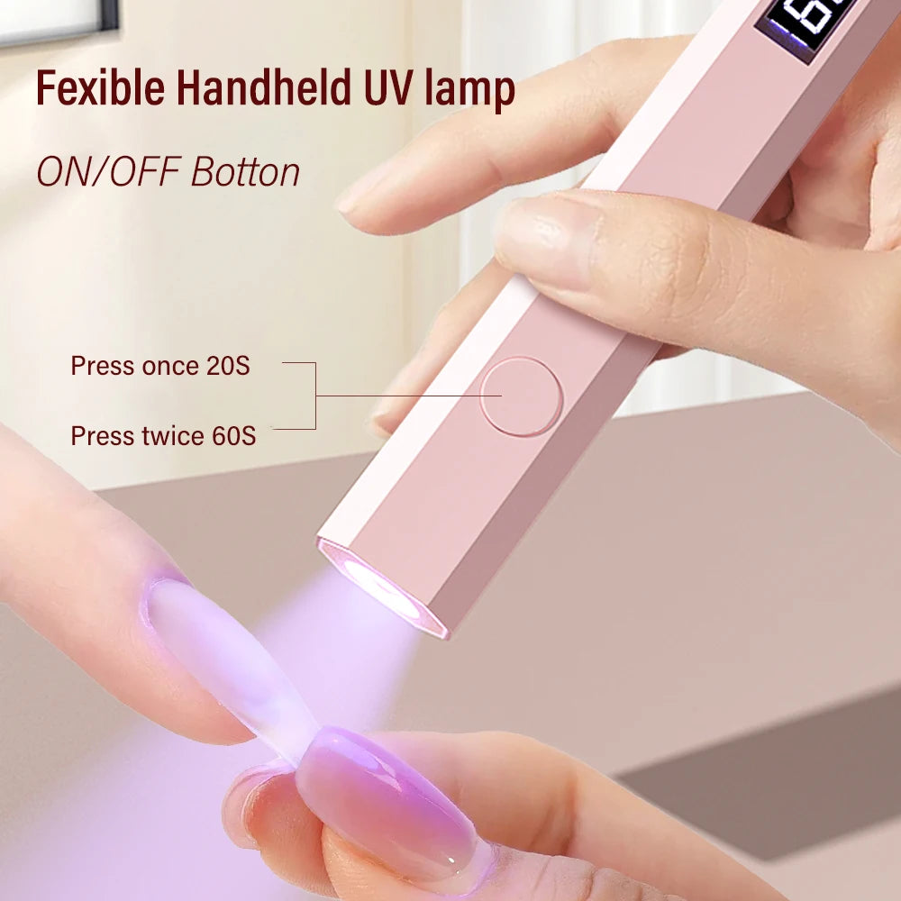 Flexible handheld UV lamp being used on a person's hand with text indicating operation details.