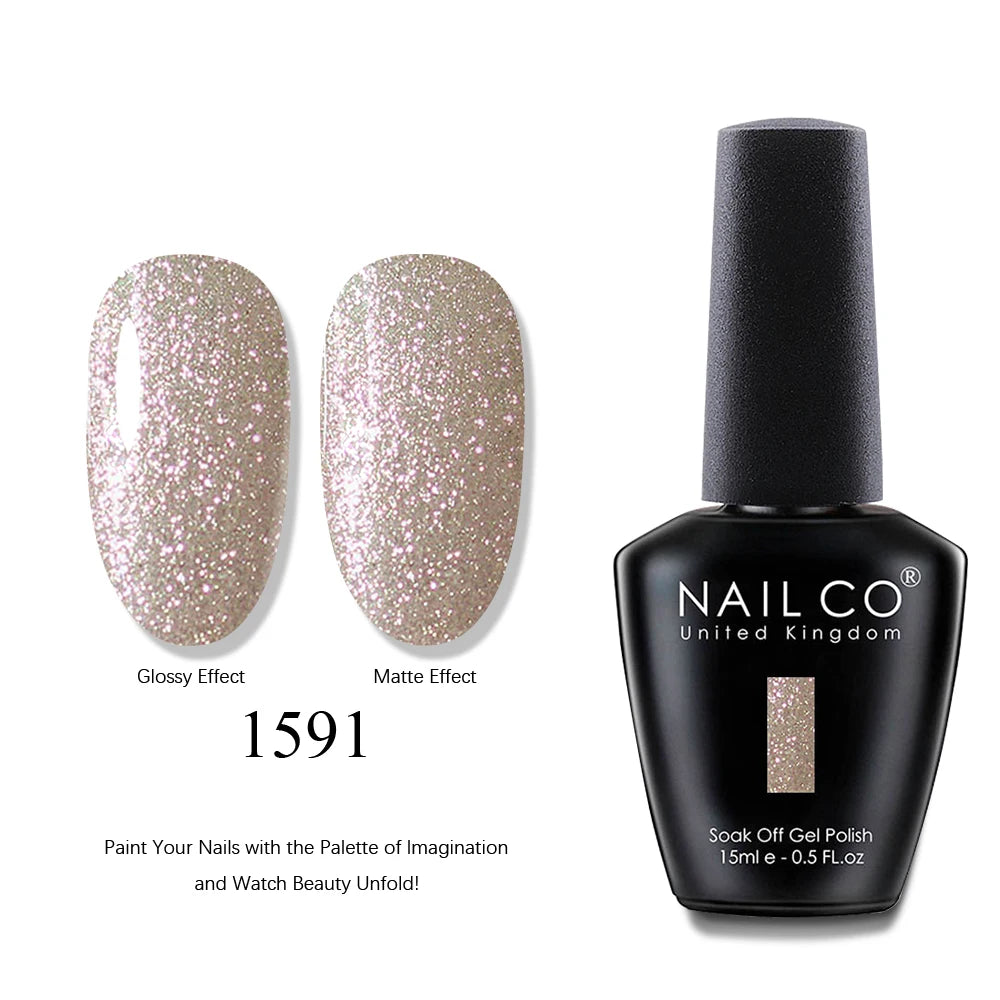 Nail polish bottle with glittery nail samples showing glossy and matte effects, and 'NAIL CO' branding.