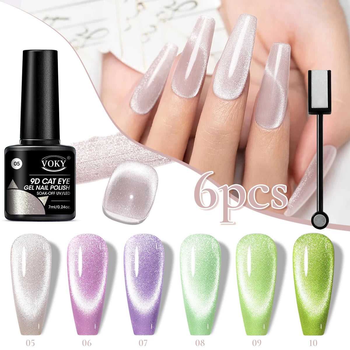 VOKY 9D Cat Eye Gel Polish set with nail samples and a bottle.