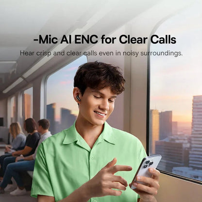 Person using a smartphone with 4-Mic AI ENC for clear calls in a train setting, featuring Baseus branding.