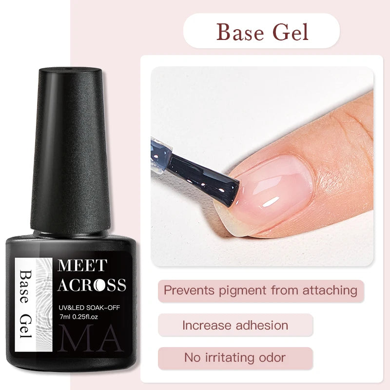 Black bottle of MEET ACROSS base gel with a close-up of a hand applying it to a nail.