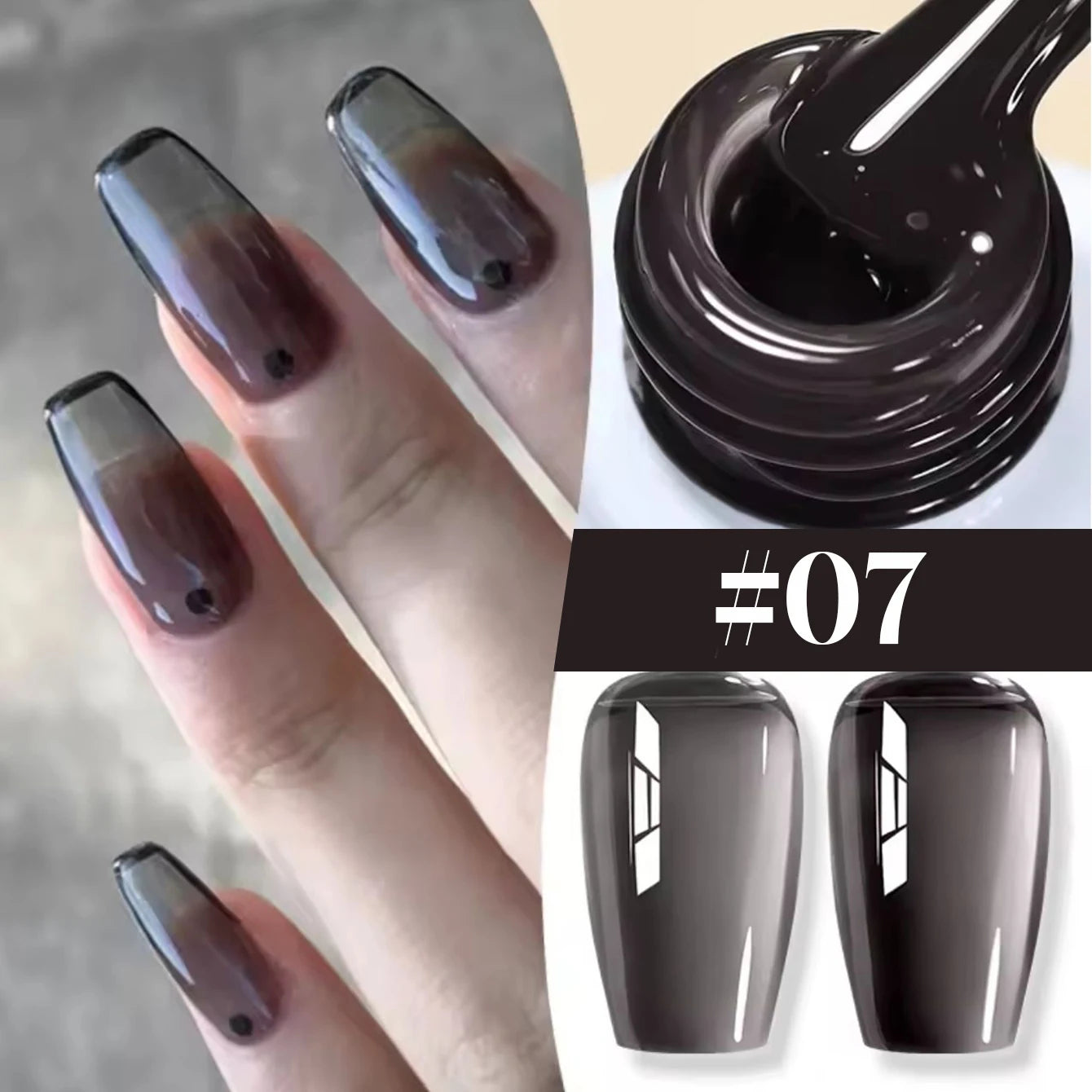 Nail polish with a dark brown color, applied on nails and shown in a bottle.