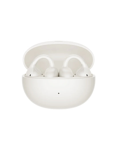 White wireless earbuds in a matching white case on a white background
