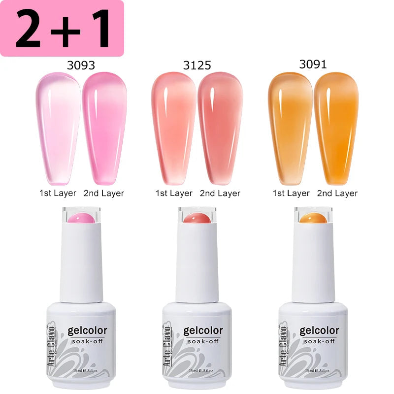 Three gel color bottles with nail color samples and layering instructions on a white background.