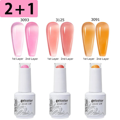Three gel color bottles with nail color samples and layering instructions on a white background.