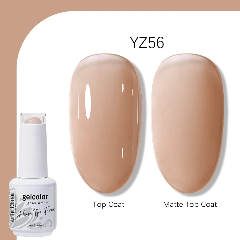 Gel color top coat with a nail swatch labeled YZ56 on a beige background