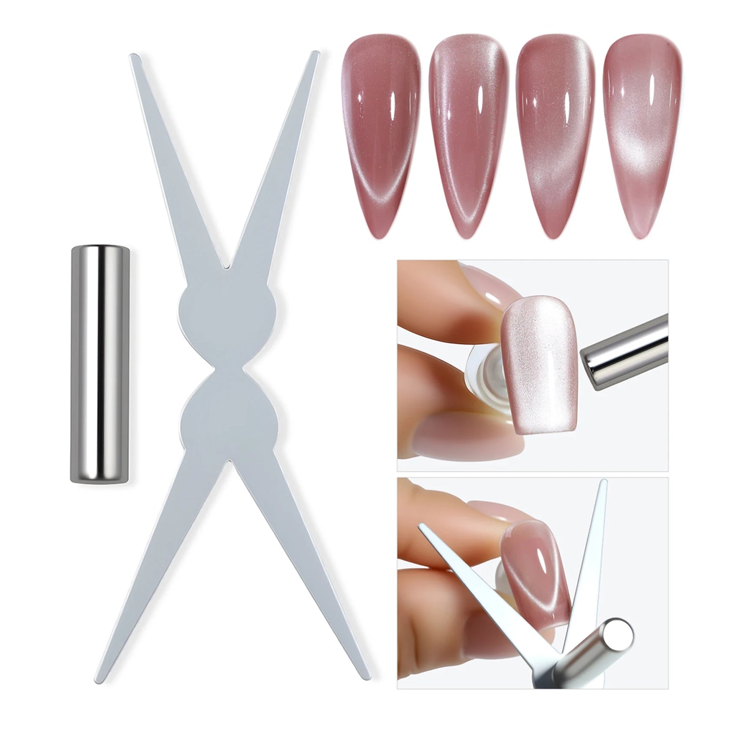 Nail art tool with nail samples and application process on a white background