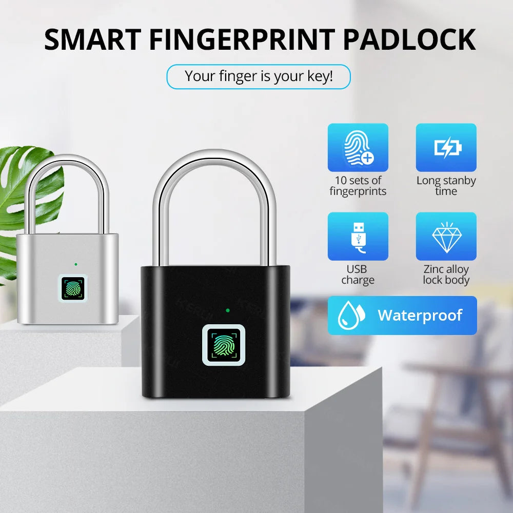 Smart Fingerprint Padlock Keyless USB Rechargeable IP67