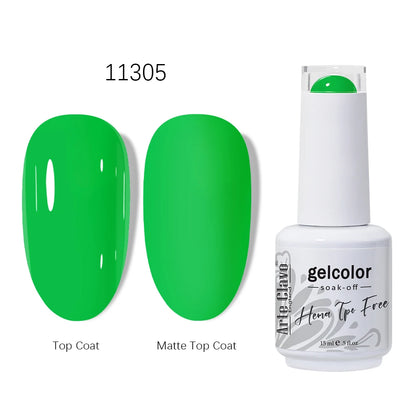 Green nail polish bottle with top coat and matte top coat swatches on a white background