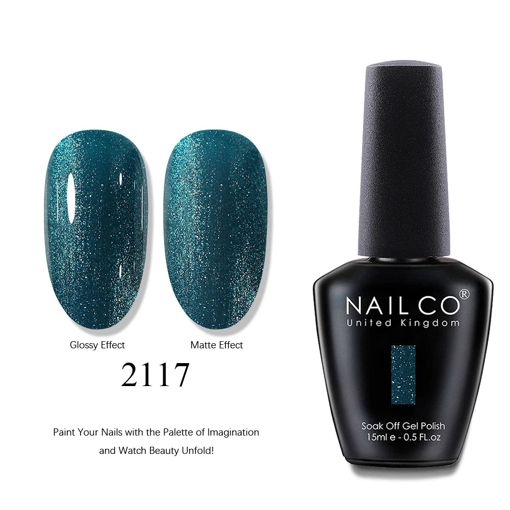 Nail polish bottle with teal nail samples showing glossy and matte effects, and 'NAIL CO' branding.
