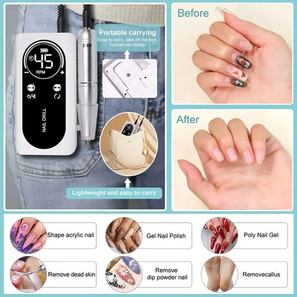 Nail drill with before and after images of nails, highlighting its use for various nail care tasks.