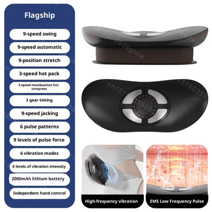 Black massage device with features listed on a blue vertical panel, showing high-frequency vibration and EMS Low Frequency Pulse.
