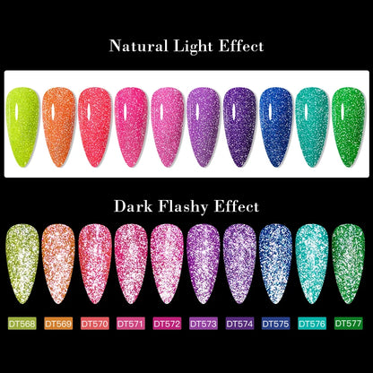 Nail polish color swatches with natural light and dark flashy effects on a white background.