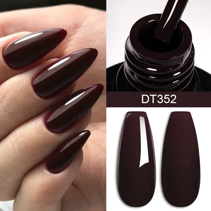 Nail polish with dark red color, applied on nails and shown in a bottle.