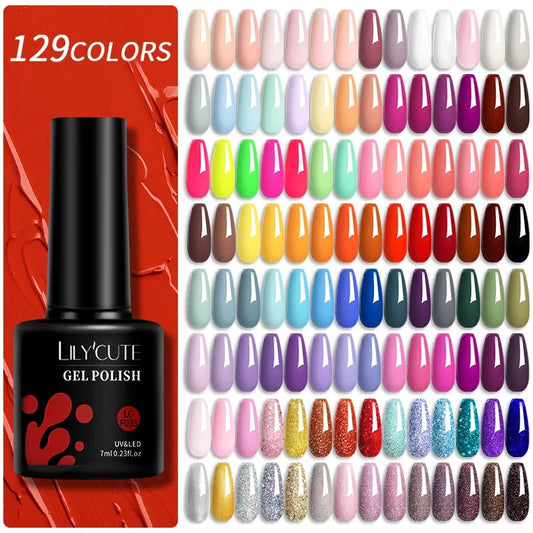LILY'CUTE gel polish with 129 color options displayed on a white background