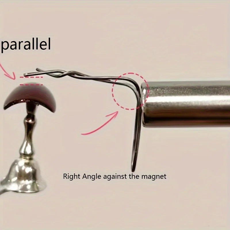 Illustration showing a magnet attracting a metal rod at different angles on a beige background.