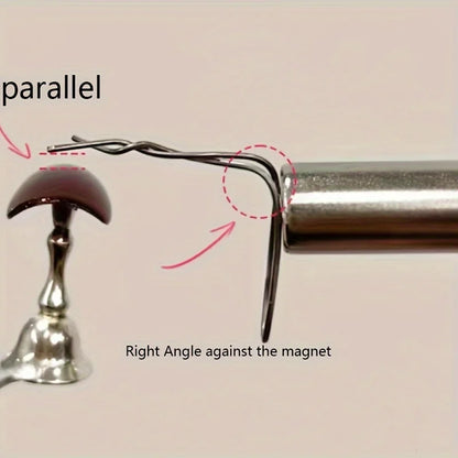 Illustration showing a magnet attracting a metal rod at different angles on a beige background.