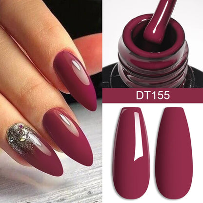 Nail polish with a bottle, nails painted with the polish, and color swatches labeled DT155.