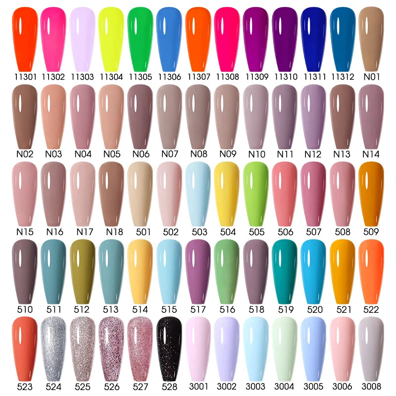 Nail color swatch chart with various colors of nail polish.