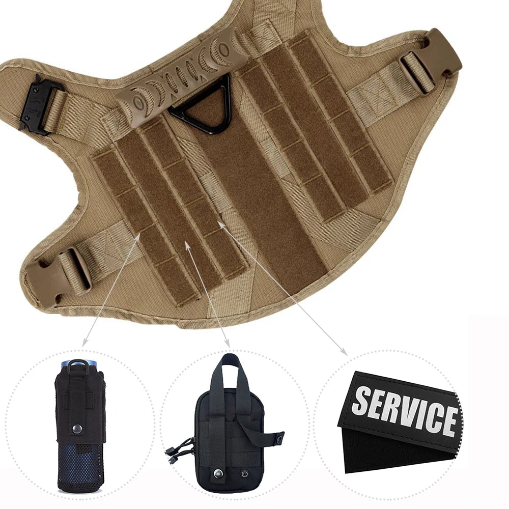 Tactical dog vest with accessories on a white background