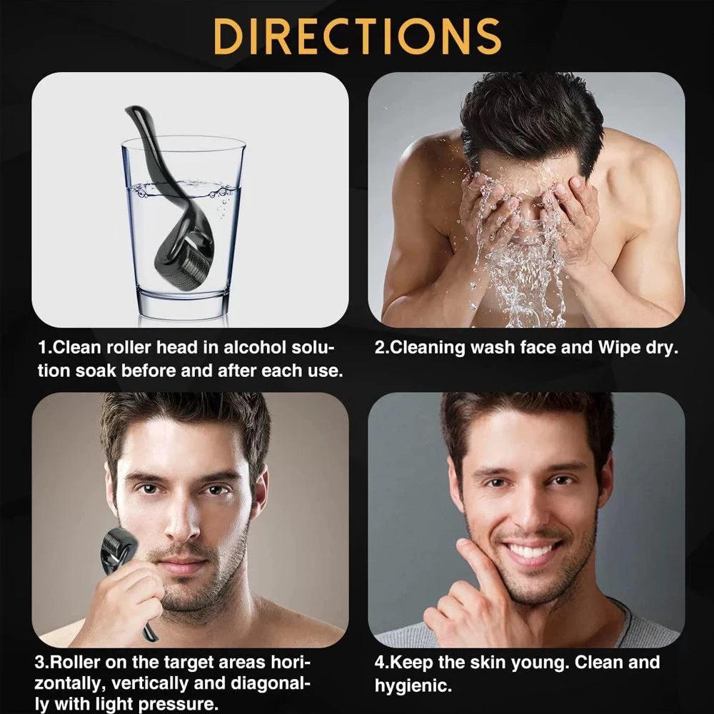 Instructions for using a facial roller with images and text on a dark background