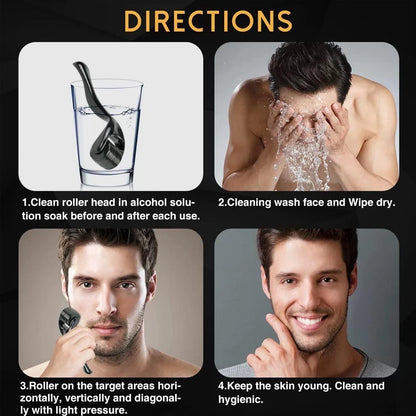 Instructions for using a facial roller with images and text on a dark background