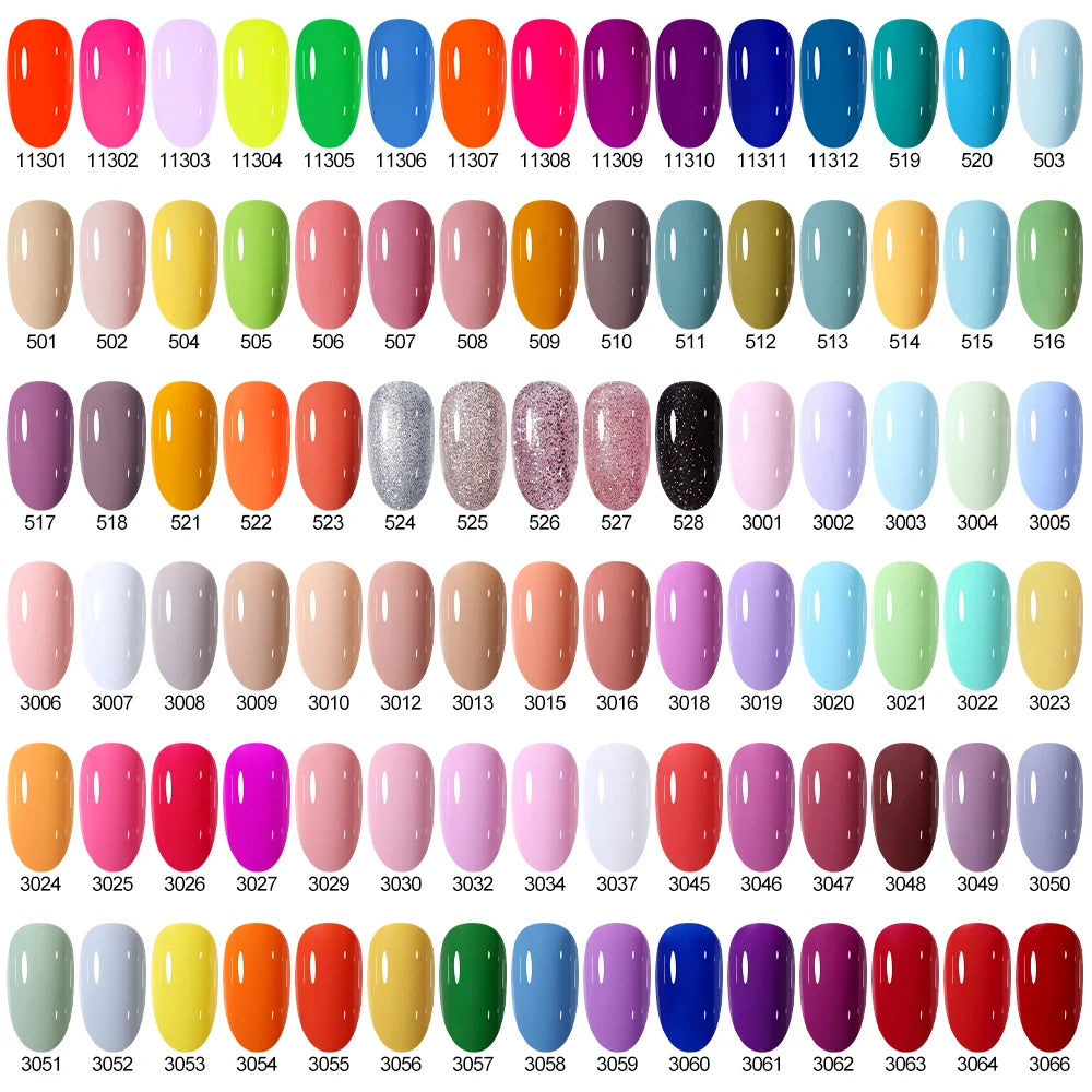 Nail polish color swatch chart with various colors and names.