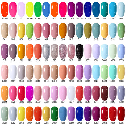 Nail polish color swatch chart with various colors and names.