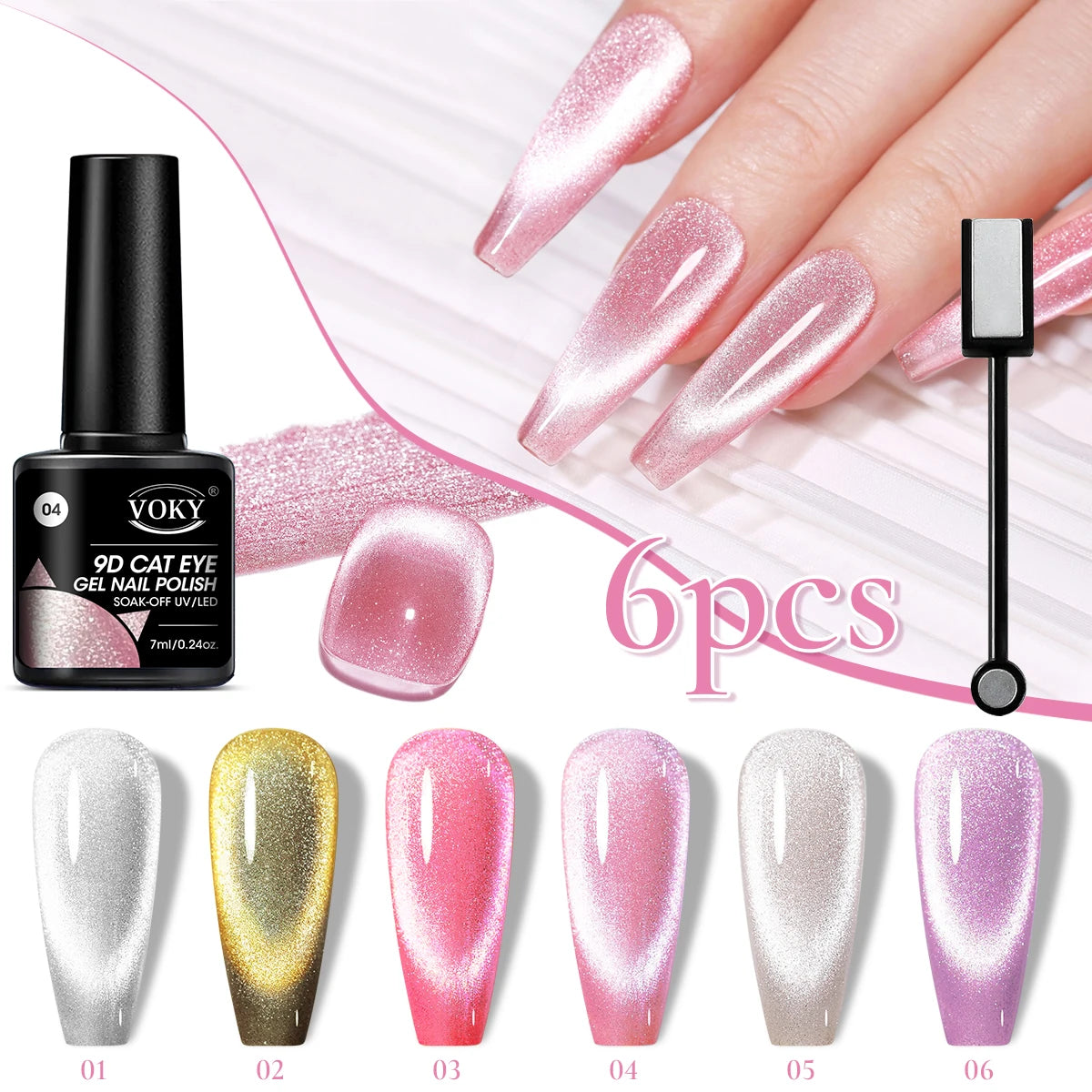 VOKY 9D Cat Eye Gel Nail Polish set with nail samples and a bottle on a white background
