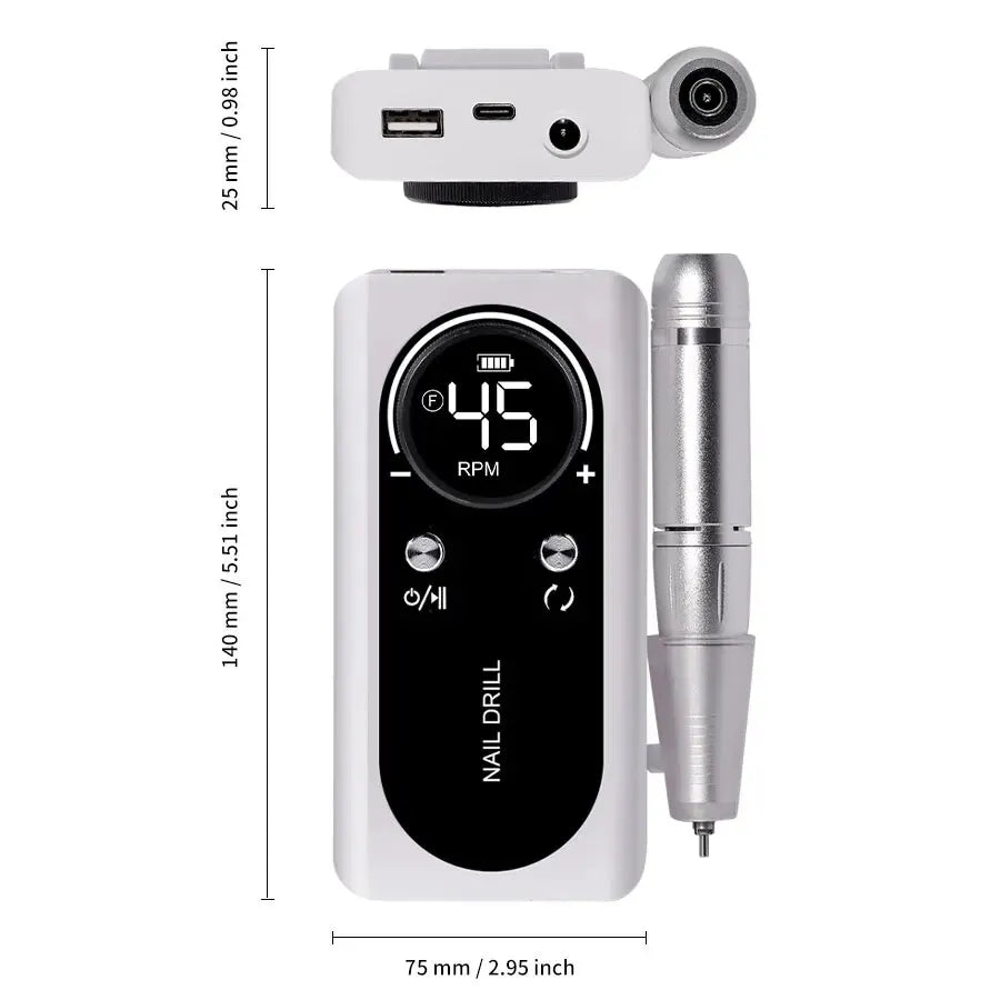 Nail drill with digital display and measurement details on a white background