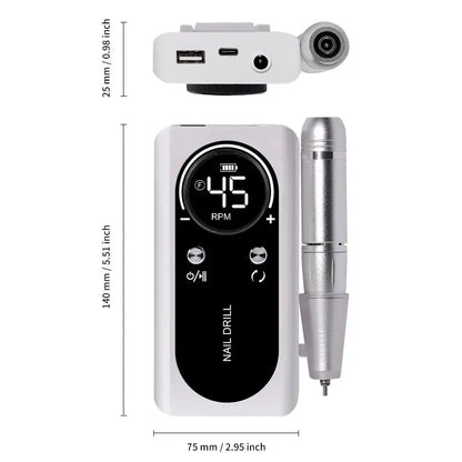 Nail drill with digital display and measurement details on a white background