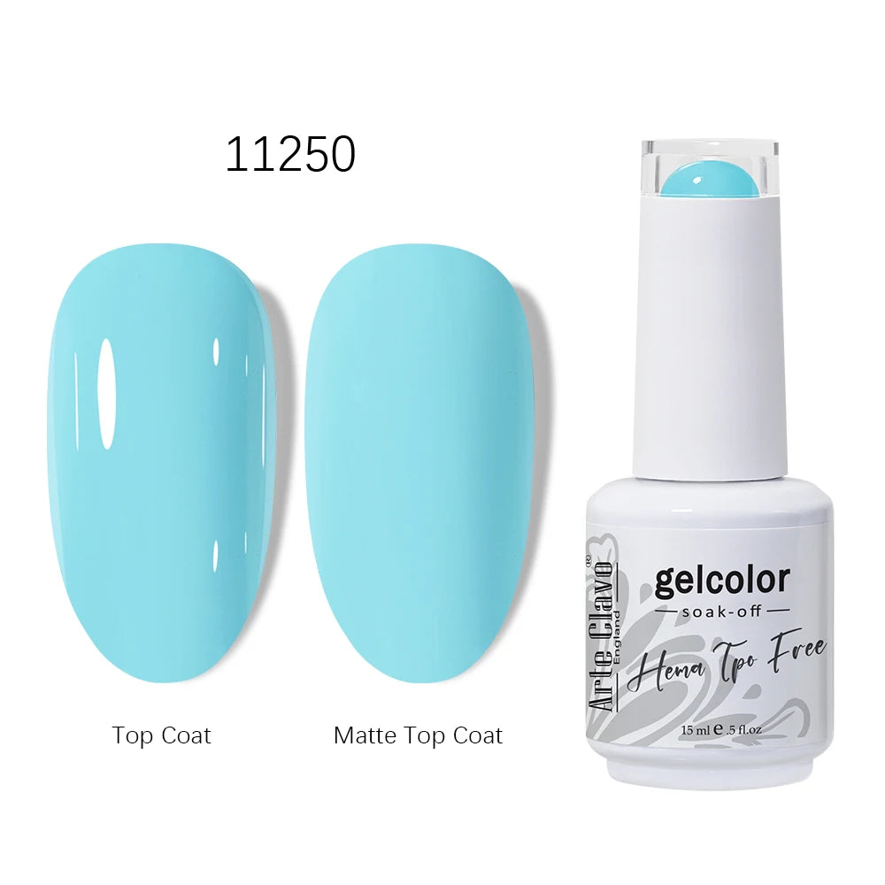 Gel color bottle with top coat and matte top coat application on nails, brand 'Arnela' visible.