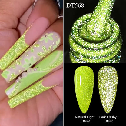 Green glittery nail polish with close-up of swatch and nail application.