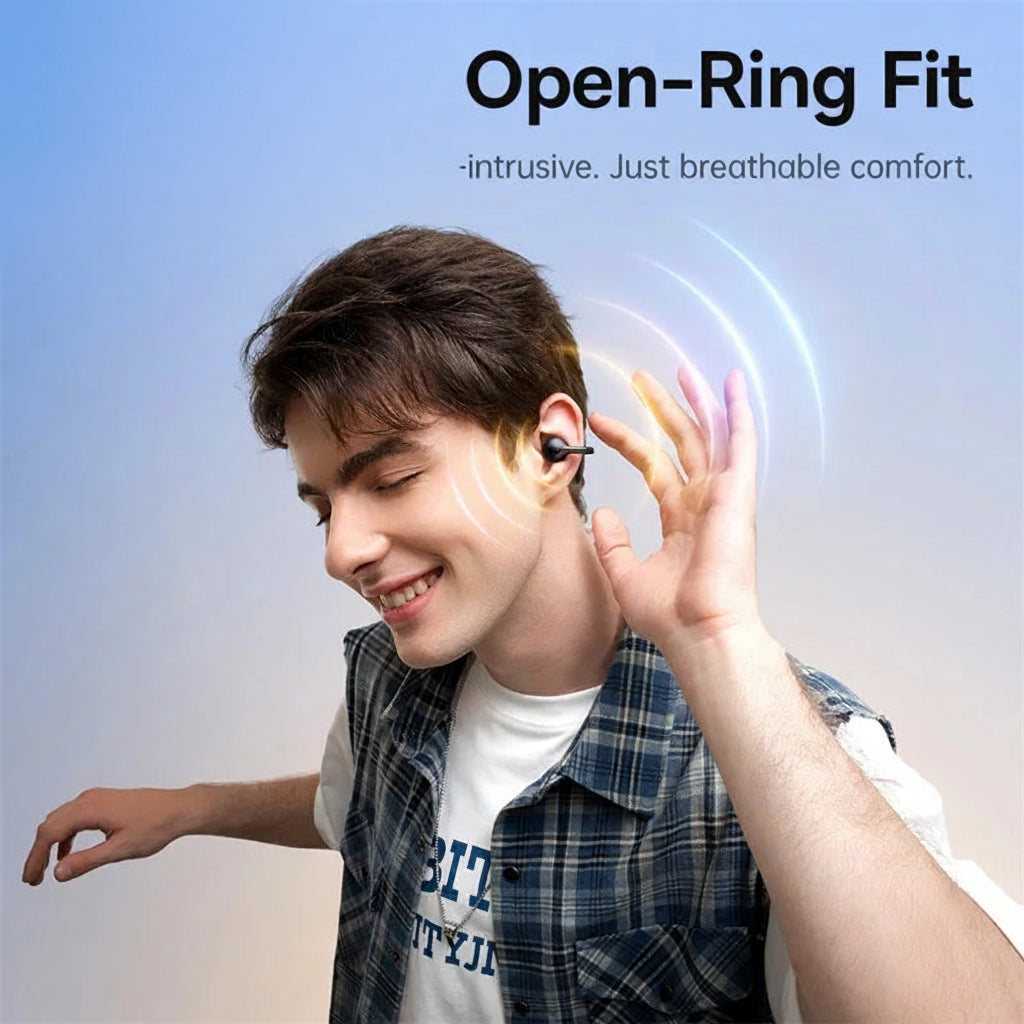 Person wearing open-ring fit earphones with Baseus logo and text on a light blue background