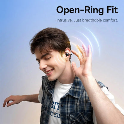 Person wearing open-ring fit earphones with Baseus logo and text on a light blue background