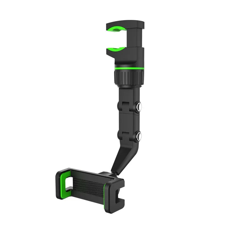 Black and green adjustable phone holder on a white background