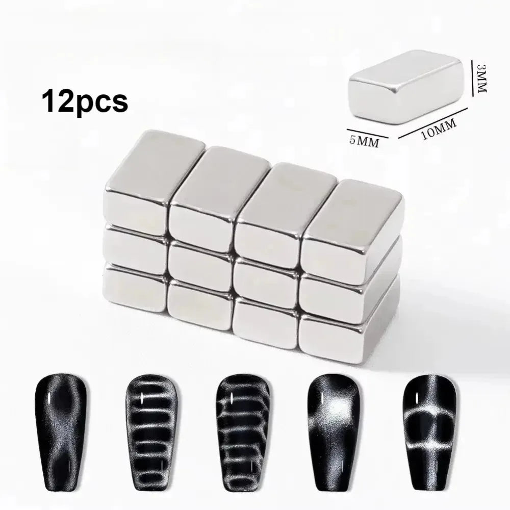 Set of 12 silver magnetic blocks with dimensions and nail extensions on a white background