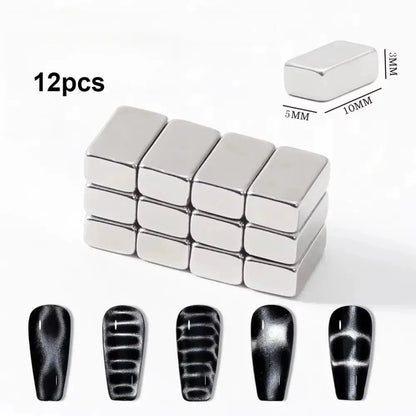 Set of 12 silver magnetic blocks with dimensions and nail extensions on a white background