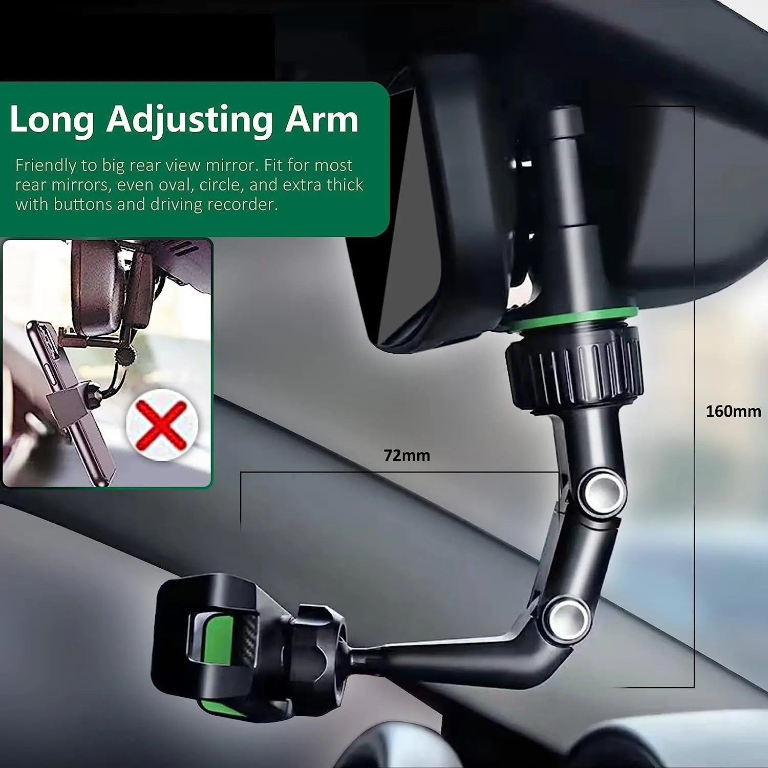 Car rearview mirror with long adjusting arm and measurement details