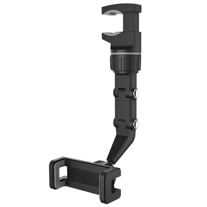 Black phone holder with adjustable arm on a white background